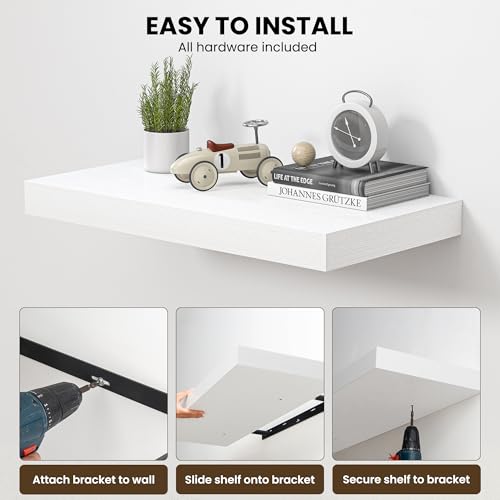 Image of Dreamland 12x12 Floating Shelves for Wall, 12 inch Deep Thicker White Floating Shelves, Wall-Mounted Shelves for Bedroom, Living Room, Kitchen, Bathroom - Set of 3