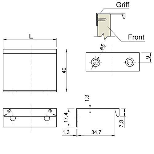 SOTECH 5 Stück Möbelgrife Blankett Jane 50 mm Chrom matt BA 32 mm Schrankgriffe zur Montage an der Frontinnenseite inkl. Befestigungsschrauben