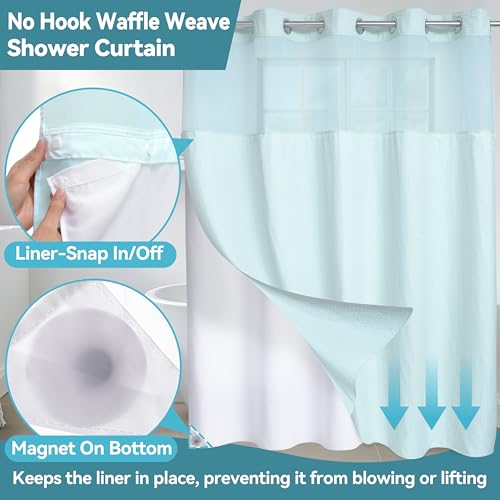 Conbo Mio Extra Long No Hook Waffle Weave Shower Curtain with Snap in Liner Set, Hotel Luxury Blue Shower Curtains for Bathroom with See Through Top Window, Waterproof, Washable 71W x 84H by Conbo Mio - Image 6
