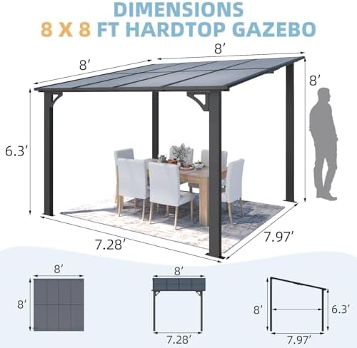 U-MAX 8' x 8' Gazebo for Patio, Hard Top Heavy Duty Gazebo 8x8 Pergola with Roof, Awnings Canopy for Decks, Backyard and More — view 6