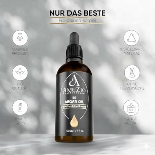 Arganöl Bio Kaltgepresst I Für Haare, Gesicht, Körper, Haut I Arganöl baby I 100% rein und nachhaltig I Natürlich für Kosmetik I Hautpflege I Vegan und Tierversuchsfrei I 50 ml
