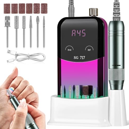 JEWHITENY Portable Nail Drill SG717 Electric Nail File, 45000RPM Professional Rechargeable Nail E-File Machine for Acrylic Gel Nails, Remove Nail Gel Polish (Purple)