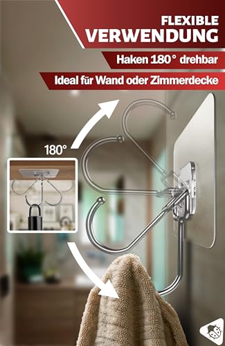 Menz Klebehaken extra-stark - 10er-Set selbstklebende Haken transparent mit je 15 kg Tragkraft, 180° drehbare Kleiderhaken selbstklebend, Wandhaken selbstklebend für Küche, Bad, Deko