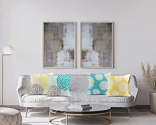 Taysta Decorative Linen Throw Pillow Covers Set Of 4 Yellow And Gray Pastel Blue And Gray Trendy White Floral Teal Turquoise Aqua Lemon Floral Dahlia Pillow Case 18X18 Inches #TOP2