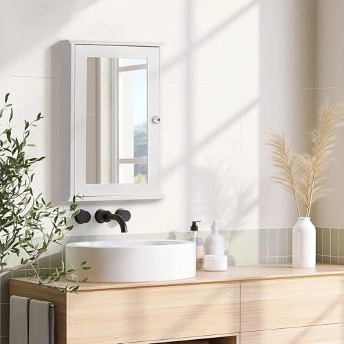 VINGLI Bathroom Wall Cabinet Wall Mount Mirrored Medicine Cabinet with Mirror Storage Organizer with Single Mirror Door and 2 Adjustable Shelves White