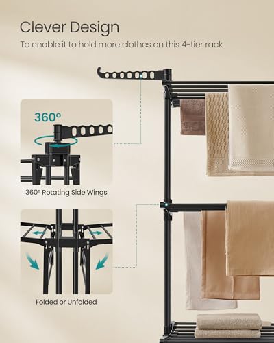 SONGMICS Large Clothes Airer, Foldable Clothes Drying Rack Laundry 4-Tier, Moveable Clothes Horse, 63.5 x 128 x 173 cm, Stainess Steel, Folding Wings, Indoor Outdoor Use, Ink Black LLR701B01 - Image 5