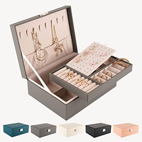 Jewellery Box Organiser for Women Girls, 2 Layers, Removal Tray, PU Leather Large Jewelry Storage with Necklace Hangers Removable Compartment for Necklace Earrings Rings Bracelets