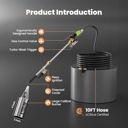 ETOOLAB Propane Torch Weed Burner - 1,800,000 BTU High Output Weed Torch with 10FT Hose and Self Igniter for Weeding,Flame Burner, Roof Asphalt, Melting Ice Snow,Road Paint Removing,BBQ - 5