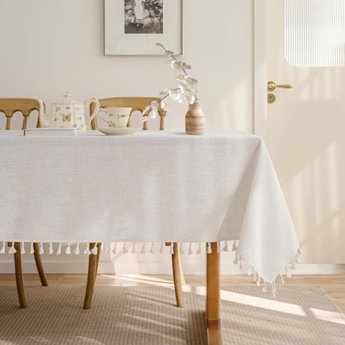 Cream-Linen-Tablecloth-for-Rectangle-Table-Farmhouse-Burlap-Table-Cloths-with-Tassel-Kitchen-Dining-Room-Water-Repellent-Wrinkle-Free-Rustic-Boho-Oblong-Table-Cover-for-Thanksgiving-Party-55×86-Inch Cream Linen Tablecloth for Rectangle Table Farmhouse Burlap Table Cloths with Tassel Kitchen Dining Room Water Repellent Wrinkle Free Rustic Boho Oblong Table Cover for Thanksgiving Party 55×86 Inch