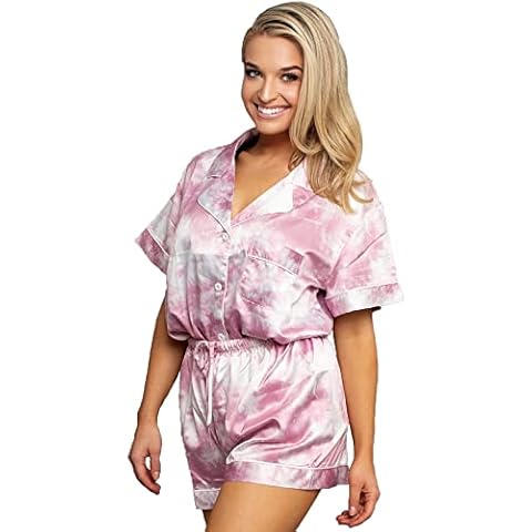 Belle's Design Women’s Tie Dye Short Sleeve Satin Silk Pajama Set Button Down 2 pieces Loungewear Sleepwear (Dusty Pink, XX-Large) Cover