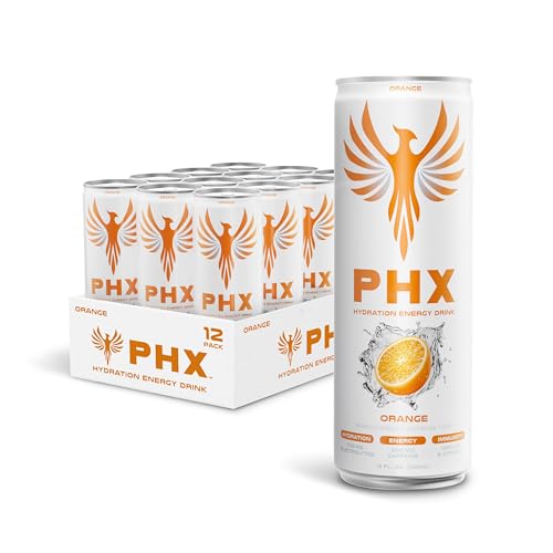 Image of PHX Hydration Energy Drink - 700mg Electrolytes, 200mg Natural Green Tea Caffeine, 100% Daily Value 8 Essential Vitamins - 12 oz Cans (12 Pack, Orange)