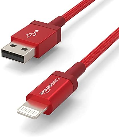 Amazon Basics Nylon Braided Lightning to USB A Cable - MFi Certified iPhone Charger, Silver, 1.8 m & Nylon Braided Lightning to USB A Cable - MFi Certified iPhone Charger, Red, 1.8 m