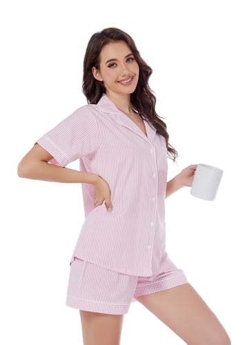 Image of LUBOT 100% Cotton Pajamas for Women 2 Piece PJ Set Poplin Woven Lightweight Ladies Button Short Sleeve Sleepwear S-XXL