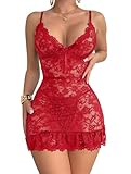 Foxiny Sexy Sheer Mini Bodycon Babydoll Lace Lingerie Set Sleep Dress with Thong 2 Piece Outfits Women Bow Ruffle Short Skirts See Through Negligee Nighty NightGown Wear Bright Red X-Large