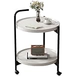 TOMVAES 2-Tier Small Round Side Table, Finish Movable Round Coffee Table with Wheels Sofa End Table for Living Room Bedroom Balcony Patio Nightstand (White) (White)