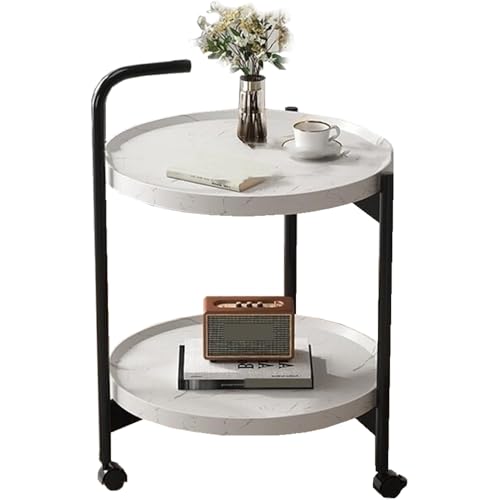 TOMVAES 2-Tier Small Round Side Table, Finish Movable Round Coffee Table with Wheels Sofa End Table for Living Room Bedroom Balcony Patio Nightstand (White) (White)
