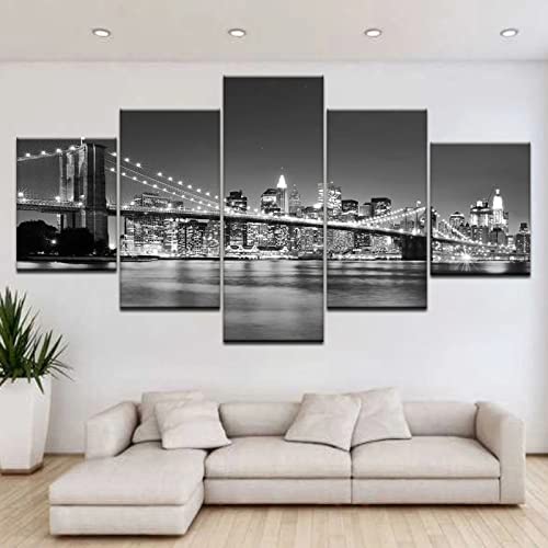 5 Pieces Wall Art 5 Panel Wall Art Canvas Painting The Modern City Gray Night View Nature Landscape For Modern Bedroom,Living Room,Office Wall Decoration,Gift Large Size Framed Artwork