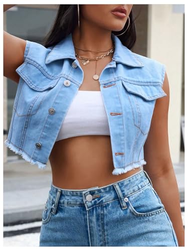 MakeMeChic Women's Denim Vest Sleeveless Button Down Raw Hem Denim Jacket Jean Vest4