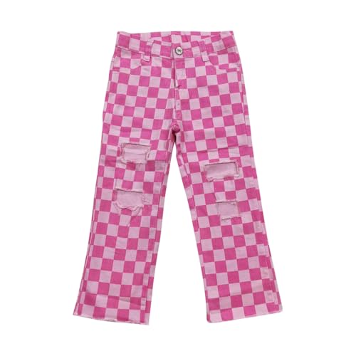 P0096 Todder Western Pink and White Checkerboard Ripped Buttons Zipper Straight Kids Girl Jeans Pants2