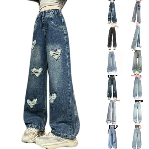 Kids Girls Elastic Waist Cool Ripped Jeans Heart Embroidered Washed Denim Pants Baggy Wide Straight Leg Jean Y2K Streetwear