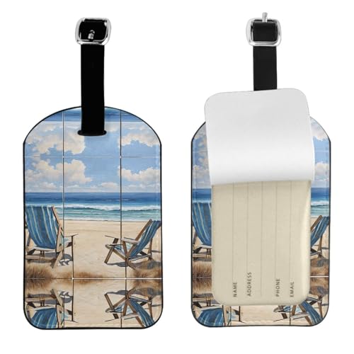 Beach Scene with Chairs -Print Personalized Leather Luggage Tags, Waterproof Travel ID Tags with Privacy Cover for Suitcases, Bags, Cruise.