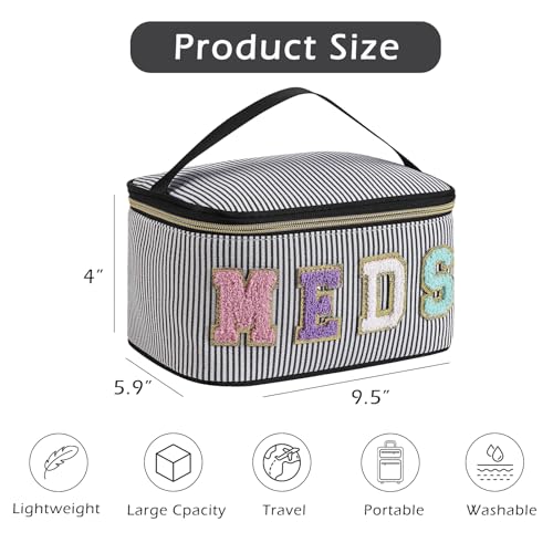uekeboag Personalized Chenille Letter Seersucker MEDS Makeup Bag,Large Size Medicine RX Cosmetic Bag with Top Handle, First Aid Travel Organizer Bag for Women Girls(04Black)2