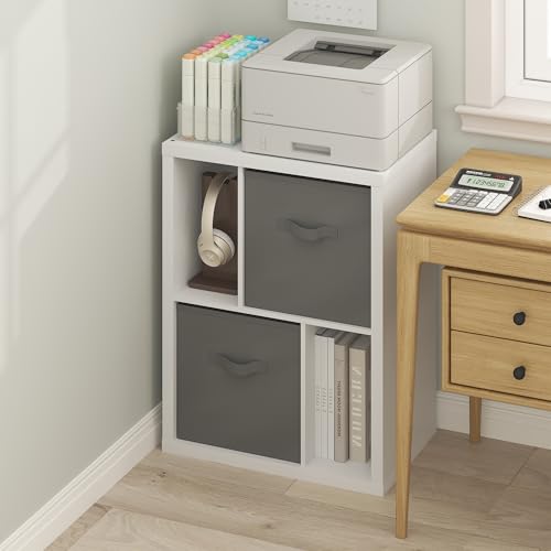 Image of Furinno Viola Storage Shelf, 2-Tier Printer Stand, White | 2 Drawer Bins, 1.2-inch Extra Thick Frame Bookshelf, Reversible Display Rack, for Organization, Living Room, Home Office