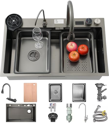 Duży zlew kuchenny ze stali nierdzewnej z deską do krojenia, zestawem odpływowym i przelewowym 80 x 50 cm - Przestronna wanna ułatwiająca przygotowanie i czyszczenie posiłków