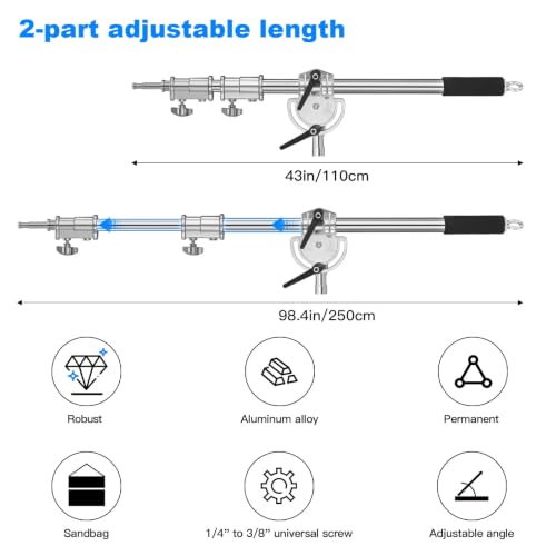 Image of Heavy Duty Extension Boom Arm Bar for Photography C Stand and Light Stand,Adjustable 3.6-8.2ft Crossbar Holding Arm with Sand Bag for Softbox,Studio Strobe,Monolight,LED Video Light,Reflector ect.