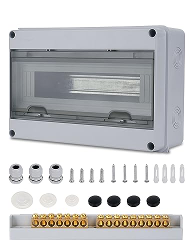 Caja Estanca Exterior Electrica 15 Módulos, IP65 a Prueba de Agua Caja de Distribución de Superficie con Bloque de Terminales Carril DIN y Accesorios, Caja Conexiones Electricas para Jardín Exteriores
