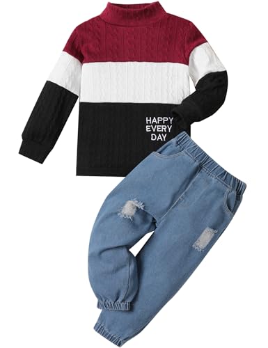 mksodopy Boy Clothes Color Block Sweater Jeans Boys Outifts Set