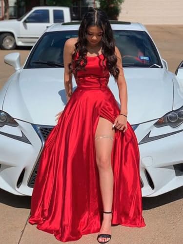 Spaghetti Straps Satin Prom Dresses Long with Side Slit A Line Bridesmaid Dress with Pockets WD0564