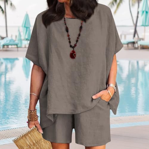 ZOCANIA Linen Short Sets for Women 2 Piece Outfits Linen Short Sleeve Top Wide Leg Short Suit Casual Short Set with Pockets2