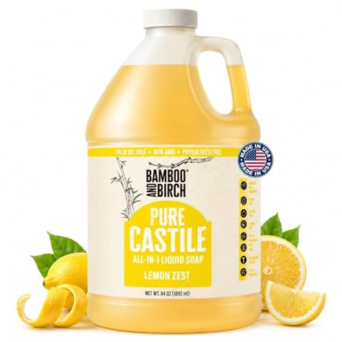 Image of BAMBOO AND BIRCH Pure Castile Soap Liquid, Certified Palm Oil Free Natural Soap, Lemon Zest, 64 oz