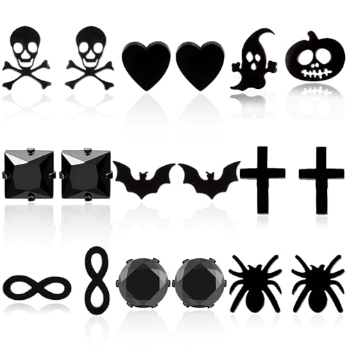9 Pairs Stud Earrings Set Hypoallergenic black stainless steel cartilage stacked small earrings Halloween