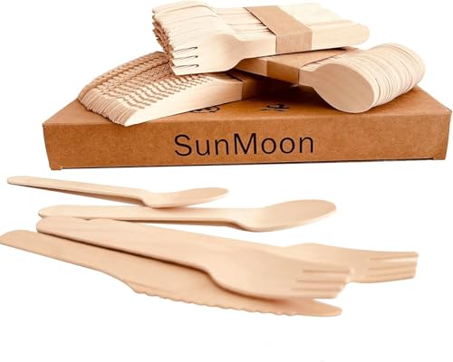 150 Pack Wegwerf-hölzernes Besteck-Set, umweltfreundliche 50 Löffel 50 Gabeln 50 Messer, Plastikfreie Verpackung, Ersatz für Kunststoff und Bambus Besteck, Wegwerfbesteck für Parteien, Reisen