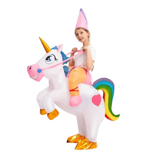 Spooktacular Creations Halloween Unicorn Costume Kids, Inflatable Riding a Unicorn, Colorful Air Blow-up Deluxe Set with Hat, Ride-on Halloween Parties Costumes (White, 7-10 Yrs)