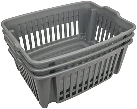 FenixDepot 3 Stackable Storage Plastic Baskets Large, 43x33 cm - Set of 3 (Silver)