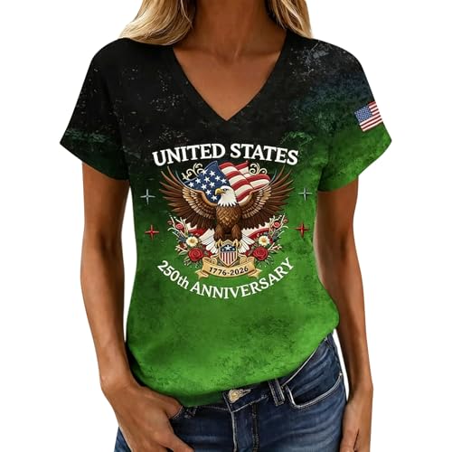 Patriotic Shirts for Women,250 Anniversary USA Tshirt Women 4Th of July Shirts Patriotic American Flag Short Sleeve Tops 1776-2026 Tee,Small,02-Green