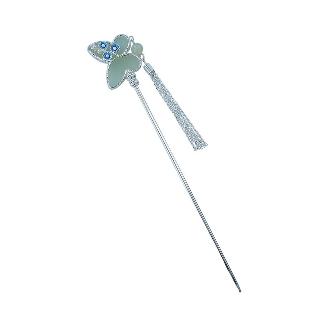 S925 silver inlaid Hotan Jade hairpin enamel color tassel