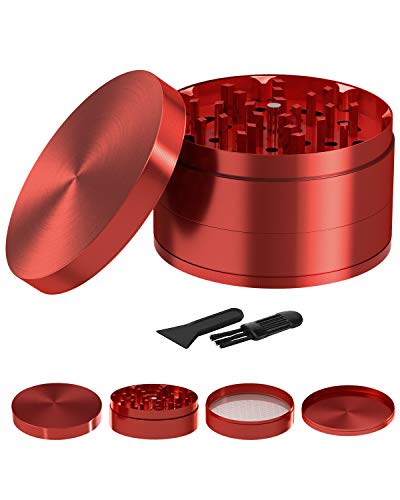 HemGrinder 3 Inch Herb Grinder Large Red Grinders 4 Pieces Zinc Alloy Spice Grinder with Mesh Screen Bonus Scraper and Cleaning Brush