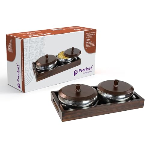 Image of PEARLPET Hazel Stainless Steel 2 Bowls Set(500ml) with Wooden Serving Tray & 2 Wooden Finish Lids, Gift Set, Dryfruit Jar, Brown Color