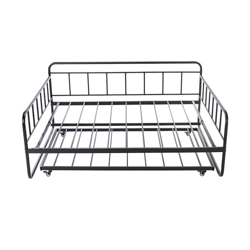 Amazon Basics Full Size Daybed and Twin Size Trundle Bed Frame Set, Space Saving Steel Slat Support, Sturdy Metal Design, Easy Assembly, Black