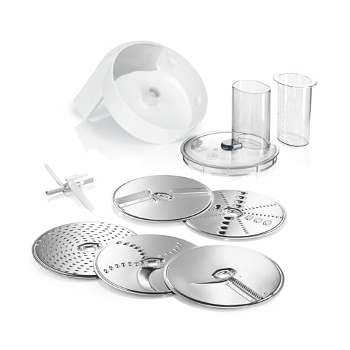 Bosch VeggieLove-Set MUZ5VL1, Durchlaufschnitzler mit 5 Scheiben (Schneid-Wende-Scheibe, Raspel-Wendescheibe, Reibescheibe mittelfein, Asia und Rösti), Zubehör für Küchenmaschine Serie 4, Serie 2