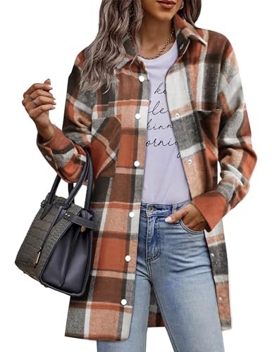 HOTOUCH Womens Flannel Jacket Long Plaid Shacket Casual Snap Button Tartan Trench Coat Long Sleeve Shirts with Pockets