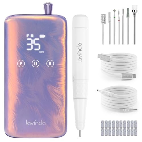 Lavinda Professional Nail Drill - 35,000 RPM Rechargeable Electric Nails File with Cordless Motor, Fast Charge & 3000mAh, 8-Piece Nail Drill bits Set for Manicure/Pedicure (Iridescent Pearl)
