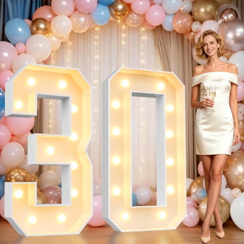 Image of Pooqla 4FT Marquee Numbers, Large Light Up Number 30th Birthday Party Decor | Warm White LED Marquee Light Up Numbers 4 Feet Tall, Party Decorations for 30th Birthday Anniversary Photo Backdrop