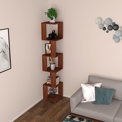 Redwud Xing Wooden Corner Wall Shelf Book Shelf Floor Standing Shelves Display Rack for Home Decor Living Room (7 Shelves, Walnut)