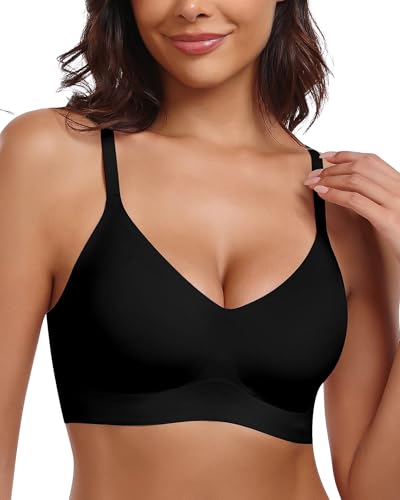 HORISUN Womens Wireless Seamless Pullover Bra with Soft Support Vest No Underwire Criss Cross Back T Shirt Bra (Black,L)