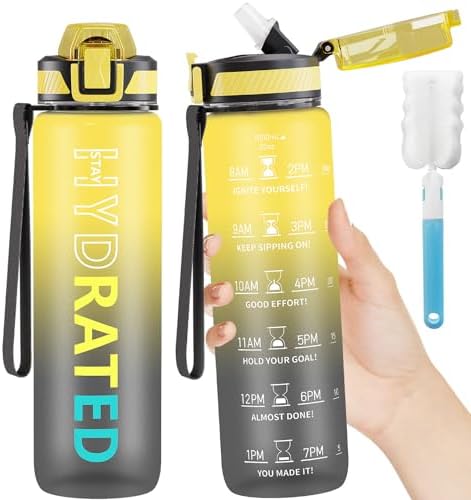 QLUR Water Bottle with Straw, 1L Drinks Bottle with Time Markings-Tritan BPA Free-Sports Water Bottle Leakproof with Lock Cover, Motivational Water Bottles for Gym, Hiking, Fitness, Yoga (1 Bottle)